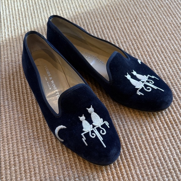Stubbs & Wootton Shoes - Stubbs & Wootton Navy Velvet Loafers w Silver Cat Embroidery Sz 7